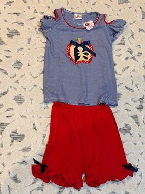 NWT Ruffle Girl Blue Stripe Apple Top & Red Ruffle Shorts Set size 12